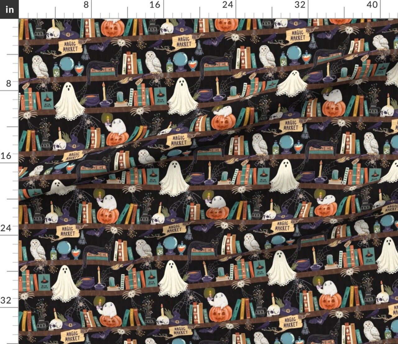 Spooky Halloween Black Cats Ghosts Pumpkins Witchy Books Spiders Skulls Custom Printed Fabric by Spoonflower Various Fabrics by the Yard or Fat Quarter